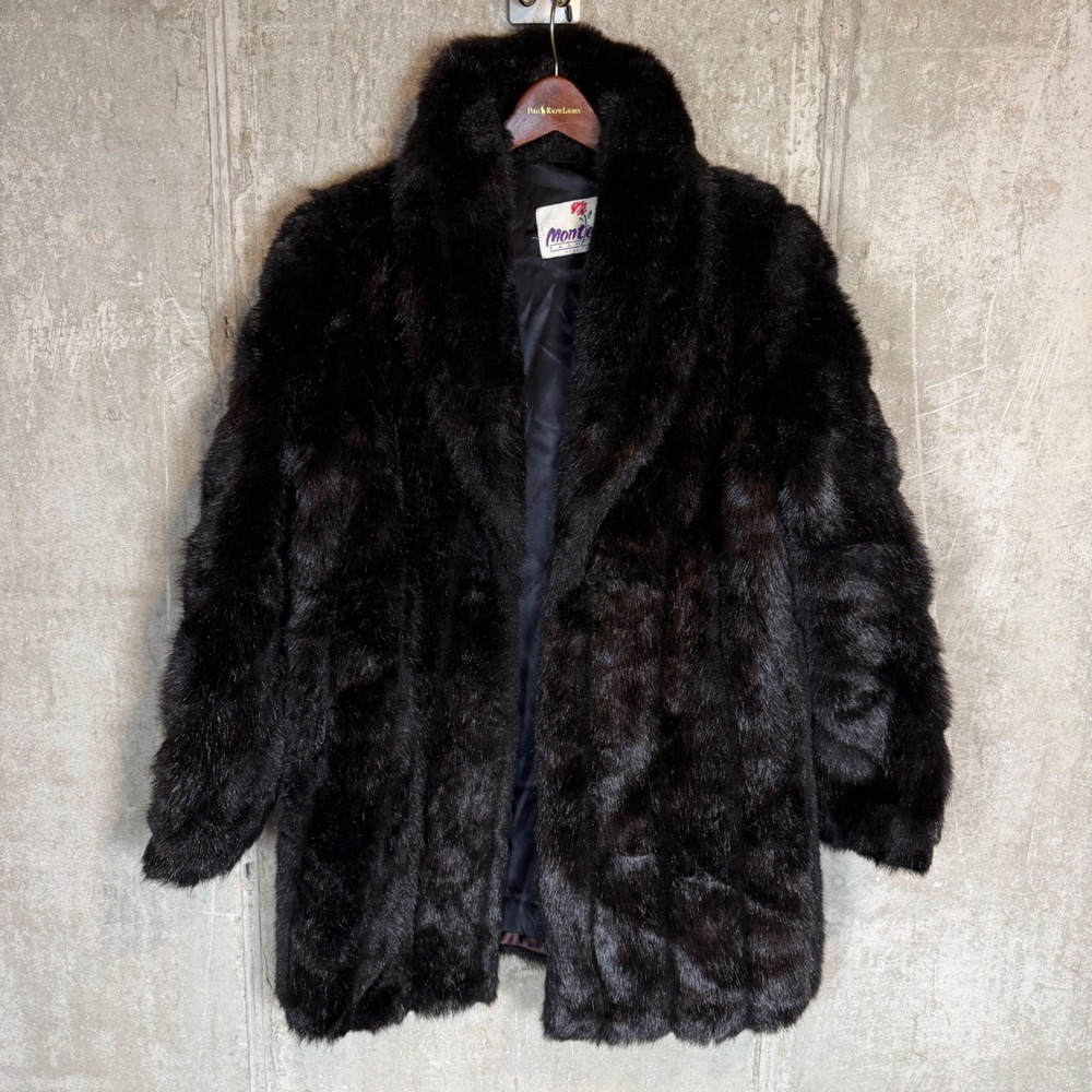 Vintage Monterey Fashions Black Faux Fur Coat Womens 12 Made in USA Shawl Collar
